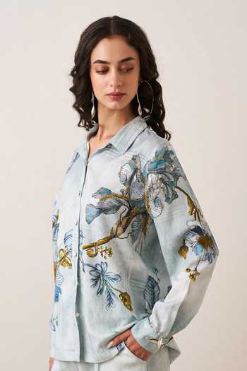 RANNA GILL Multi Color Tencel, Twill Button-down Neck Rose Print Shirt And Pant Set at Aza Fashions RANNA GILL_Multi Color Tencel, Twill Button-down Neck Rose Print Shirt And Pant Set _at_Aza_Fashions