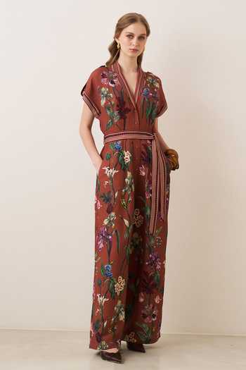RANNA GILL Red Linen, Viscose V-, Collared Veda Jumpsuit Online at Aza Fashions RANNA GILL_Red Linen, Viscose V-, Collared Veda Jumpsuit _Online_at_Aza_Fashions
