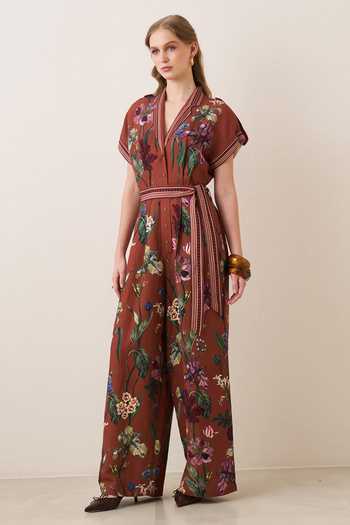 Buy RANNA GILL Red Linen, Viscose V-, Collared Veda Jumpsuit Online at Aza Fashions Buy_RANNA GILL_Red Linen, Viscose V-, Collared Veda Jumpsuit _Online_at_Aza_Fashions