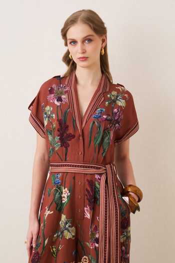RANNA GILL Red Linen, Viscose V-, Collared Veda Jumpsuit at Aza Fashions RANNA GILL_Red Linen, Viscose V-, Collared Veda Jumpsuit _at_Aza_Fashions