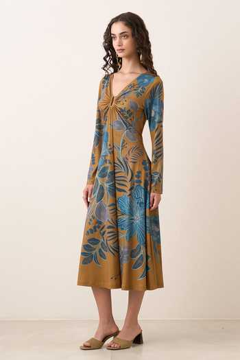 RANNA GILL Blue Jersey V-neck Yavira Gathered Midi Dress Online at Aza Fashions RANNA GILL_Blue Jersey V-neck Yavira Gathered Midi Dress _Online_at_Aza_Fashions