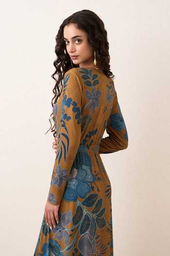 Buy RANNA GILL Blue Jersey V-neck Yavira Gathered Midi Dress Online at Aza Fashions Buy_RANNA GILL_Blue Jersey V-neck Yavira Gathered Midi Dress _Online_at_Aza_Fashions