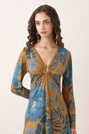 Shop RANNA GILL Blue Jersey V-neck Yavira Gathered Midi Dress Online at Aza Fashions Shop_RANNA GILL_Blue Jersey V-neck Yavira Gathered Midi Dress _Online_at_Aza_Fashions