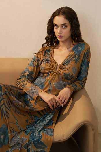 RANNA GILL Blue Jersey V-neck Yavira Gathered Midi Dress at Aza Fashions RANNA GILL_Blue Jersey V-neck Yavira Gathered Midi Dress _at_Aza_Fashions