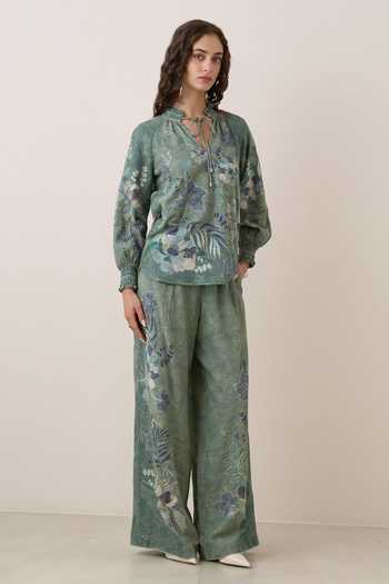RANNA GILL Green Georgette Keyhole Neck Illyra Print Blouse And Pant Set Online at Aza Fashions RANNA GILL_Green Georgette Keyhole Neck Illyra Print Blouse And Pant Set _Online_at_Aza_Fashions