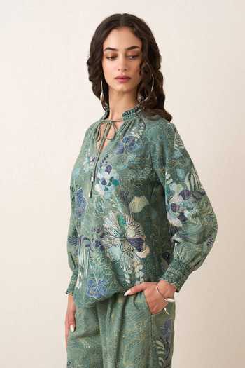 Shop RANNA GILL Green Georgette Keyhole Neck Illyra Print Blouse And Pant Set Online at Aza Fashions Shop_RANNA GILL_Green Georgette Keyhole Neck Illyra Print Blouse And Pant Set _Online_at_Aza_Fashions