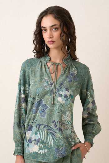 RANNA GILL Green Georgette Keyhole Neck Illyra Print Blouse And Pant Set at Aza Fashions RANNA GILL_Green Georgette Keyhole Neck Illyra Print Blouse And Pant Set _at_Aza_Fashions