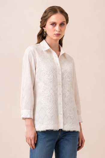 RANNA GILL White Cotton Collared Neck Corin Shirt Online at Aza Fashions RANNA GILL_White Cotton Collared Neck Corin Shirt _Online_at_Aza_Fashions