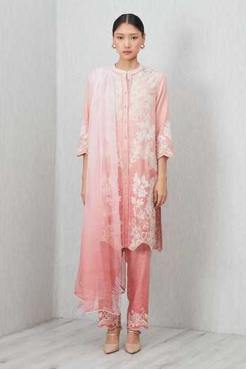 Shop RANNA GILL Pink Polyester Mandarin Collar, Yes Lina Emboidered Kurta Set Online at Aza Fashions Shop_RANNA GILL_Pink Polyester Mandarin Collar, Yes Lina Emboidered Kurta Set _Online_at_Aza_Fashions