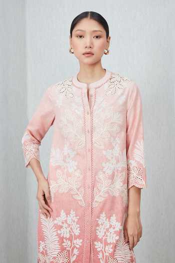 RANNA GILL Pink Polyester Mandarin Collar, Yes Lina Emboidered Kurta Set at Aza Fashions RANNA GILL_Pink Polyester Mandarin Collar, Yes Lina Emboidered Kurta Set _at_Aza_Fashions