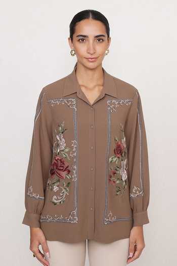 RANNA GILL Taupe Georgette, Polyester Collared Neck Kira Print Shirt Online at Aza Fashions RANNA GILL_Taupe Georgette, Polyester Collared Neck Kira Print Shirt _Online_at_Aza_Fashions