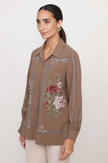 Buy RANNA GILL Taupe Georgette, Polyester Collared Neck Kira Print Shirt Online at Aza Fashions Buy_RANNA GILL_Taupe Georgette, Polyester Collared Neck Kira Print Shirt _Online_at_Aza_Fashions