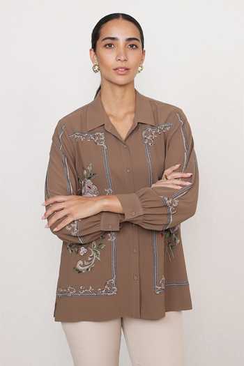 Shop RANNA GILL Taupe Georgette, Polyester Collared Neck Kira Print Shirt Online at Aza Fashions Shop_RANNA GILL_Taupe Georgette, Polyester Collared Neck Kira Print Shirt _Online_at_Aza_Fashions