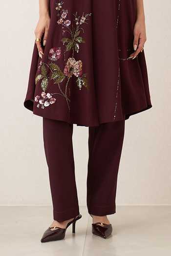 RANNA GILL Burgundy Georgette, Polyester V-neck, Yes Rosethorn Draped Tunic And Pant Set Online at Aza Fashions RANNA GILL_Burgundy Georgette, Polyester V-neck, Yes Rosethorn Draped Tunic And Pant Set _Online_at_Aza_Fashions