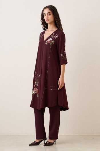 Buy RANNA GILL Burgundy Georgette, Polyester V-neck, Yes Rosethorn Draped Tunic And Pant Set Online at Aza Fashions Buy_RANNA GILL_Burgundy Georgette, Polyester V-neck, Yes Rosethorn Draped Tunic And Pant Set _Online_at_Aza_Fashions