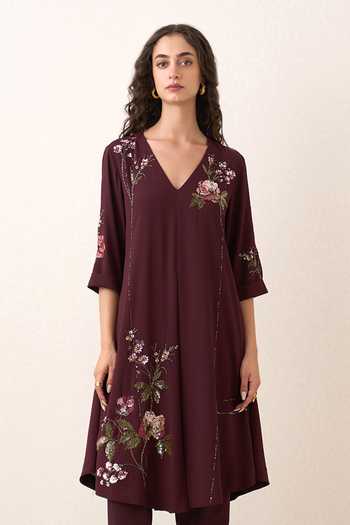 Shop RANNA GILL Burgundy Georgette, Polyester V-neck, Yes Rosethorn Draped Tunic And Pant Set Online at Aza Fashions Shop_RANNA GILL_Burgundy Georgette, Polyester V-neck, Yes Rosethorn Draped Tunic And Pant Set _Online_at_Aza_Fashions