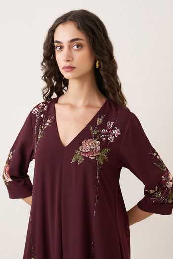 RANNA GILL Burgundy Georgette, Polyester V-neck, Yes Rosethorn Draped Tunic And Pant Set at Aza Fashions RANNA GILL_Burgundy Georgette, Polyester V-neck, Yes Rosethorn Draped Tunic And Pant Set _at_Aza_Fashions