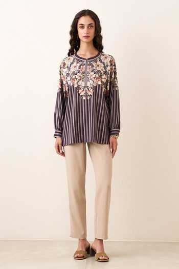 RANNA GILL Purple Crinkle, Polyester Round , Keyhole Cove Stripe Print Top Online at Aza Fashions RANNA GILL_Purple Crinkle, Polyester Round , Keyhole Cove Stripe Print Top _Online_at_Aza_Fashions