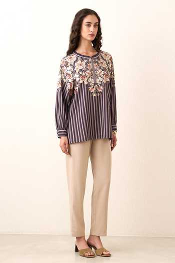 Buy RANNA GILL Purple Crinkle, Polyester Round , Keyhole Cove Stripe Print Top Online at Aza Fashions Buy_RANNA GILL_Purple Crinkle, Polyester Round , Keyhole Cove Stripe Print Top _Online_at_Aza_Fashions