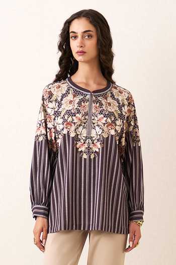 Shop RANNA GILL Purple Crinkle, Polyester Round , Keyhole Cove Stripe Print Top Online at Aza Fashions Shop_RANNA GILL_Purple Crinkle, Polyester Round , Keyhole Cove Stripe Print Top _Online_at_Aza_Fashions