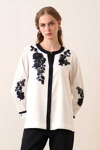 RANNA GILL White Crepe Round Neck Noir Bloom Top Online at Aza Fashions RANNA GILL_White Crepe Round Neck Noir Bloom Top _Online_at_Aza_Fashions