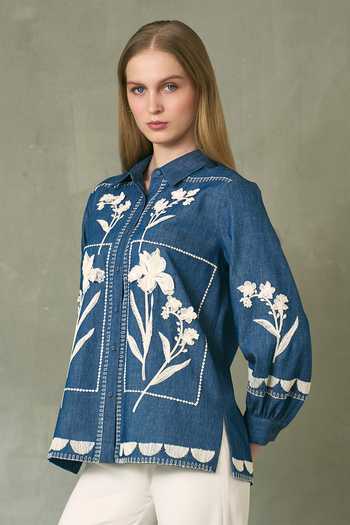 Buy RANNA GILL Blue Denim Collared Neck Tavi Top Online at Aza Fashions Buy_RANNA GILL_Blue Denim Collared Neck Tavi Top _Online_at_Aza_Fashions