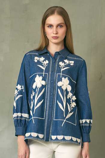 Shop RANNA GILL Blue Denim Collared Neck Tavi Top Online at Aza Fashions Shop_RANNA GILL_Blue Denim Collared Neck Tavi Top _Online_at_Aza_Fashions