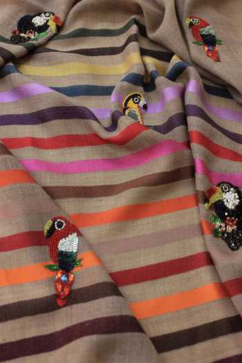 Mauli Cashmere_Brown Tricky Toucans Embroidered Stole _Online_at_Aza_Fashions