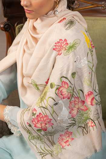 Buy_Mauli Cashmere_Beige Sacred Lotus And Swan Embroidered Stole _Online_at_Aza_Fashions