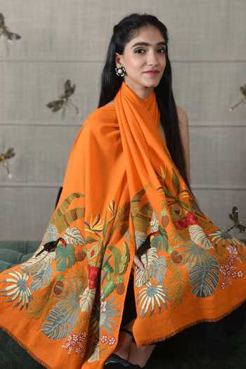 Mauli Cashmere Orange A Toucans Day Embroidered Stole Online at Aza Fashions Mauli Cashmere_Orange A Toucans Day Embroidered Stole _Online_at_Aza_Fashions