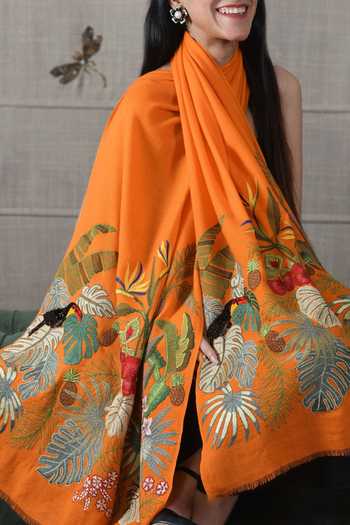 Buy Mauli Cashmere Orange A Toucans Day Embroidered Stole Online at Aza Fashions Buy_Mauli Cashmere_Orange A Toucans Day Embroidered Stole _Online_at_Aza_Fashions