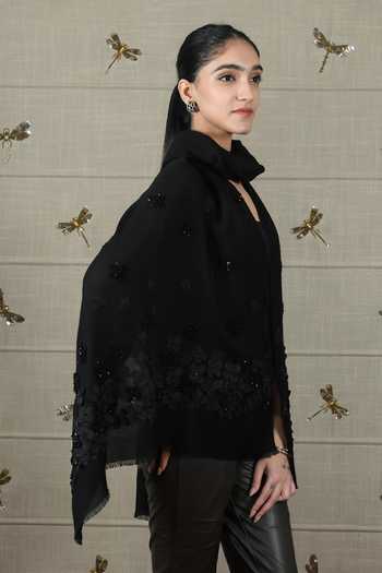 Mauli Cashmere Black The Onyx Petal Embroidered Stole Online at Aza Fashions Mauli Cashmere_Black The Onyx Petal Embroidered Stole _Online_at_Aza_Fashions