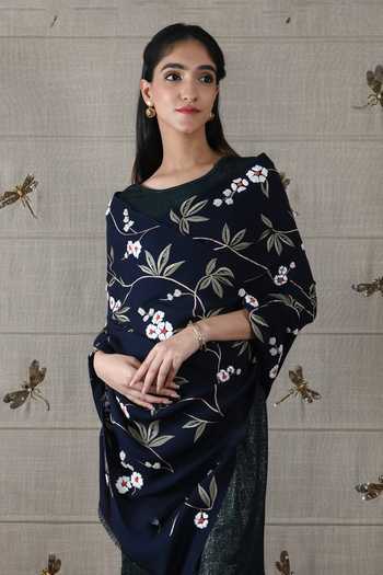 Mauli Cashmere Sapphire Blossom Embroidered Stole 