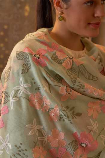 Mauli Cashmere Green Dewey Garden Embroidered Stole Online at Aza Fashions Mauli Cashmere_Green Dewey Garden Embroidered Stole _Online_at_Aza_Fashions
