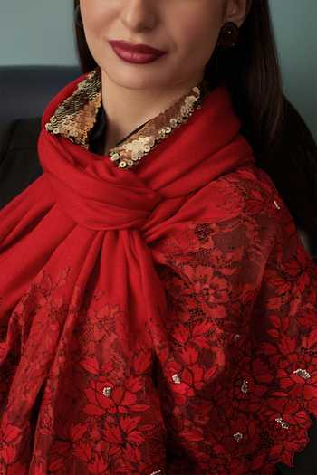 Mauli Cashmere Red A Rose Filigree Embroidered Stole Online at Aza Fashions Mauli Cashmere_Red A Rose Filigree Embroidered Stole _Online_at_Aza_Fashions