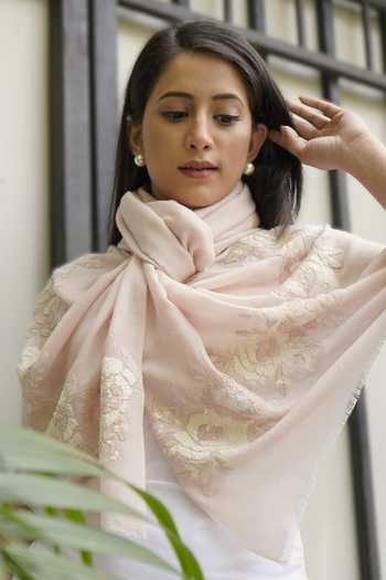 Mauli Cashmere Ivory Imperial Rose Embroidered Stole Online at Aza Fashions Mauli Cashmere_Ivory Imperial Rose Embroidered Stole _Online_at_Aza_Fashions