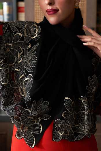 Mauli Cashmere Black Magnolia Bloom Embroidered Stole Online at Aza Fashions Mauli Cashmere_Black Magnolia Bloom Embroidered Stole _Online_at_Aza_Fashions