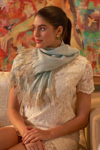 Mauli Cashmere Leafy Sparkle Royal Embroidered Stole 