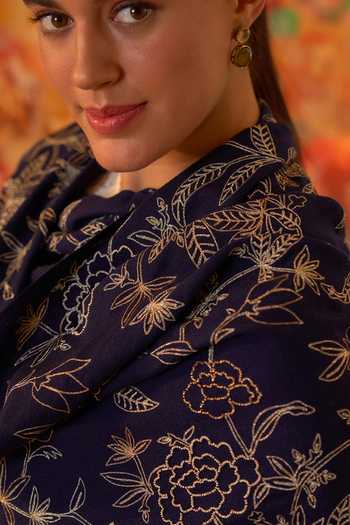 Mauli Cashmere Blue Golden Peony Embroidered Stole Online at Aza Fashions Mauli Cashmere_Blue Golden Peony Embroidered Stole _Online_at_Aza_Fashions