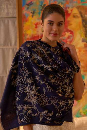 Buy Mauli Cashmere Blue Golden Peony Embroidered Stole Online at Aza Fashions Buy_Mauli Cashmere_Blue Golden Peony Embroidered Stole _Online_at_Aza_Fashions