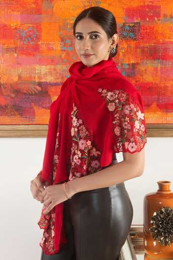 Mauli Cashmere Red Rose Blossom Embroidered Stole Online at Aza Fashions Mauli Cashmere_Red Rose Blossom Embroidered Stole _Online_at_Aza_Fashions