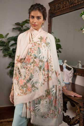 Mauli Cashmere Beige Jungle Dream Embroidered Stole Online at Aza Fashions Mauli Cashmere_Beige Jungle Dream Embroidered Stole _Online_at_Aza_Fashions
