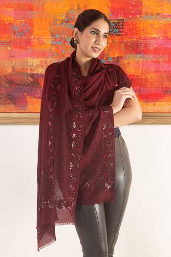 Buy Mauli Cashmere Maroon Persian Mirror Embroidered Stole Online at Aza Fashions Buy_Mauli Cashmere_Maroon Persian Mirror Embroidered Stole _Online_at_Aza_Fashions