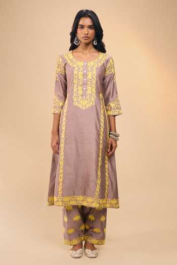 Samyukta Singhania_Rose Gold Chanderi Round Neck Embroidered Kurta And Pant Set _Online_at_Aza_Fashions