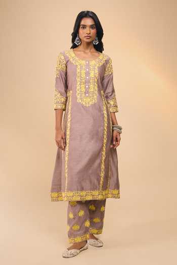 Buy_Samyukta Singhania_Rose Gold Chanderi Round Neck Embroidered Kurta And Pant Set _Online_at_Aza_Fashions