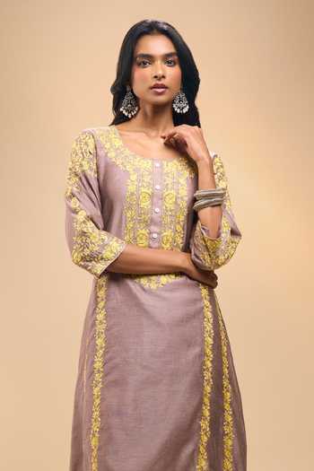Shop_Samyukta Singhania_Rose Gold Chanderi Round Neck Embroidered Kurta And Pant Set _Online_at_Aza_Fashions
