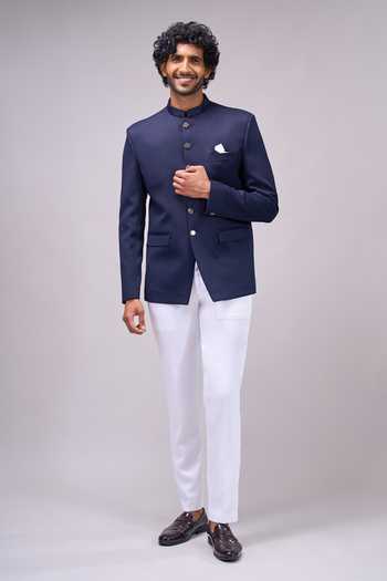 Shop_Arihant Rai Sinha_Blue Satin Button Down Bandhgala Jacket 