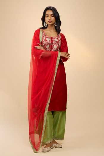 Buy_Samyukta Singhania_Multicolor Silk Round Neck Embroidered Yoke Kurta Set _Online_at_Aza_Fashions