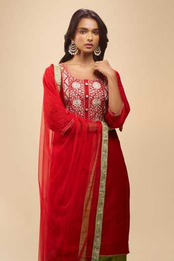 Shop_Samyukta Singhania_Multicolor Silk Round Neck Embroidered Yoke Kurta Set _Online_at_Aza_Fashions