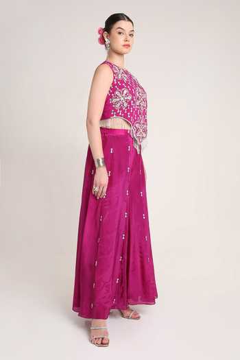 Shop KEITH GOMES Pink Silk Organza Embroidery, Sequins, Beads, Glass Top And Palazzo Set Online at Aza Fashions Shop_KEITH GOMES_Pink Silk Organza Embroidery, Sequins, Beads, Glass Top And Palazzo Set _Online_at_Aza_Fashions
